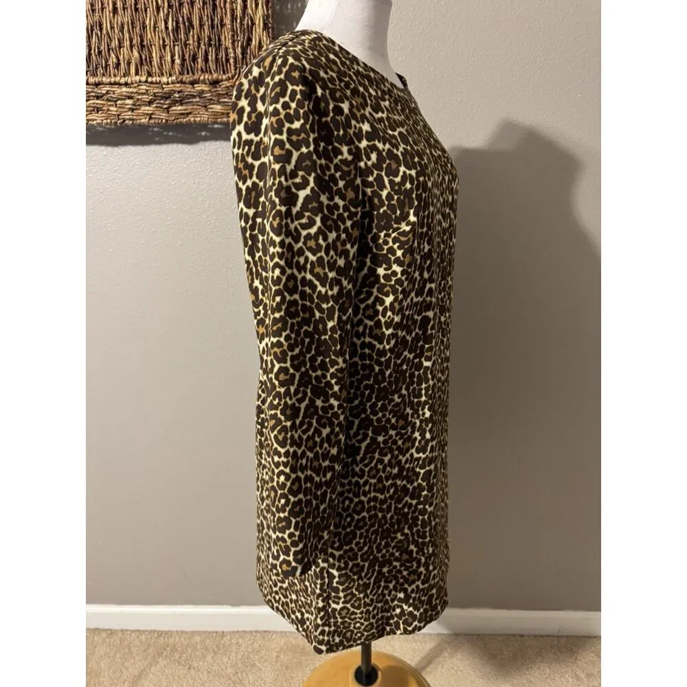 J Crew Dress 8 Animal Print Brown Black 3/4 Long Sleeve Stretch Washable